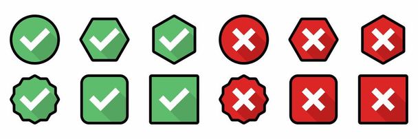 Check and wrong marks Icon Set, Tick and cross marks, Accepted,Rejected, Approved,Disapproved, Yes,No, Right,Wrong, Green,Red, Correct,False, Ok,Not Ok - vector mark symbols. Black stroke design. - Vektor, obrázek