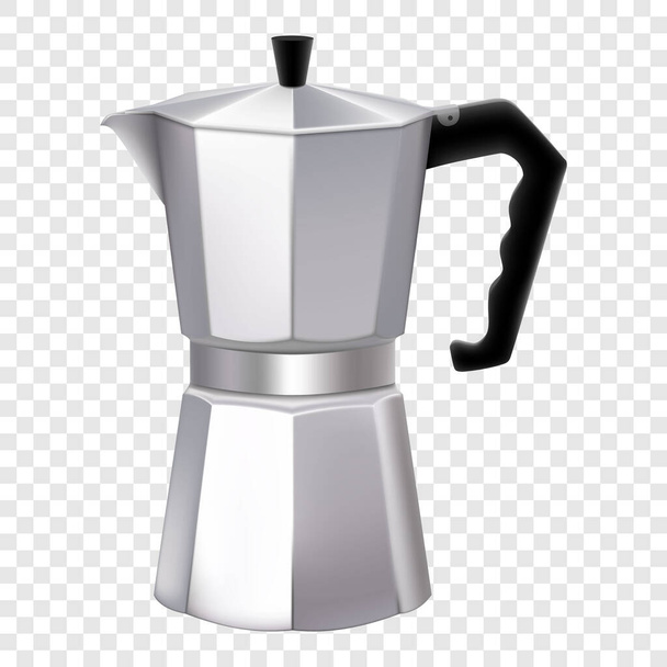 Italian metallic coffee maker isolated on white. Mocha coffee pot for making espresso coffee. Geyser coffee maker, Retro espresso machine symbol design. 3d realistic vector illustration. - Vektör, Görsel