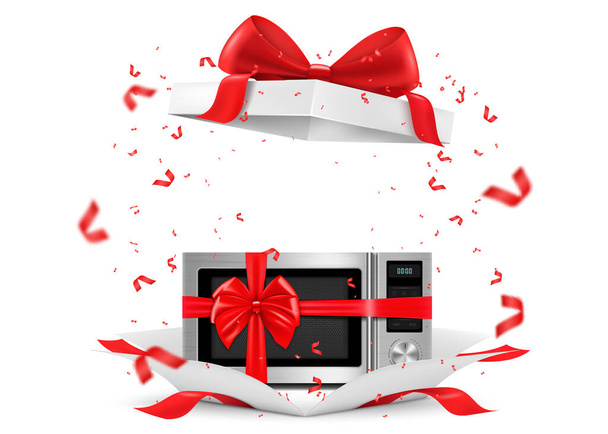 Microwave with red ribbon and bow inside open gift box. Gift concept. Kitchen appliances. Isolated 3d vector illustration. 3D rendering. - Vector, imagen