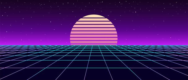 Digital estilo retro paisaje de los años 80. Superficie ciber futurista. 80s Retro Sci-Fi background. Portada del álbum o banner en el estilo de la ilustración vectorial 80-90. - Vector, imagen