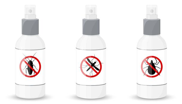 Bottle with sprayer against cockroaches, mosquitoes, ticks, isolated on white background. vector flat illustration - Vector, Image