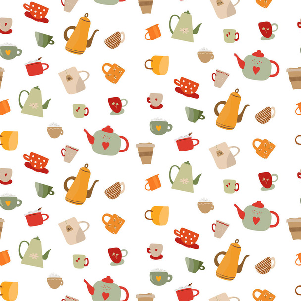 Mugs and kettles in different design seamless pattern for design. Tea and coffee time cartoon paintings set with colorful cups - Vettoriali, immagini
