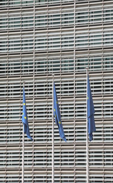 European flags and in the background the modern office building - Foto, imagen