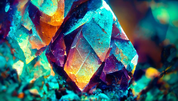 3D Render gemstone texture of the precious crystal background. Copy space. Colored shiny bokeh surface. - Photo, Image