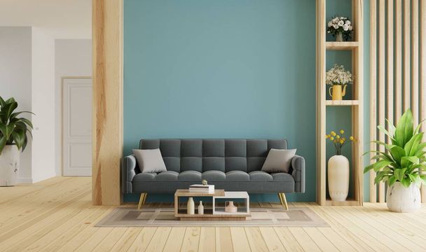 Cozy modern living room interior have sofa on empty dark blue wall background.3d rendering - Foto, Bild