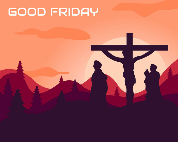 illustration vector graphic of two people mourning jesus on the cross at sunset, perfect for religion, holiday, culture, greeting card, etc. - Vektör, Görsel