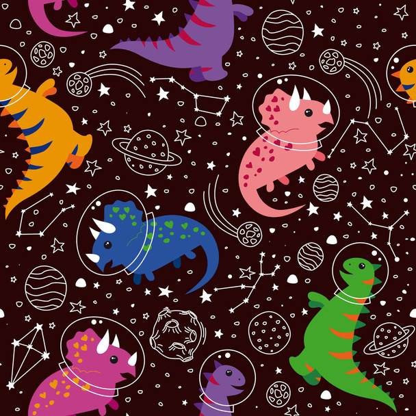 Cute dinosaurs in space. Space background with dinosaurs on a dark background for wrapping paper, for fabric. - Vektör, Görsel