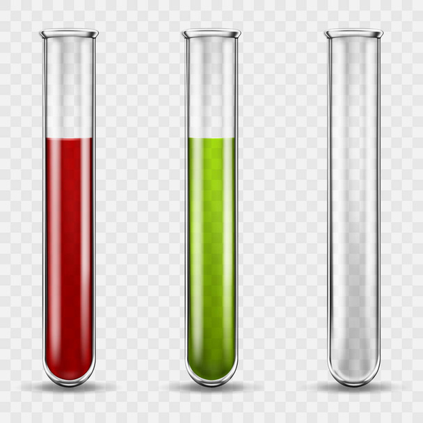 Transparent medical glass tube set, colored liquids in test tubes, blood in a glass test tube. Realistic 3d vector illustration on transparent background. - Vektör, Görsel