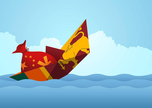 Бумажный корабль со знаками отличия Шри-Ланки тонет, потому что несет тяжелое бремя долга, символизируемое денежной сумкой с китайским флагом и символом юаня - Вектор,изображение