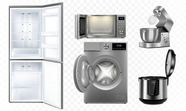 A set of household appliances: microwave oven, washing machine, refrigerator, multi cooker, food processor, blender. Realistic 3D vector, isolated illustration - Vecteur, image