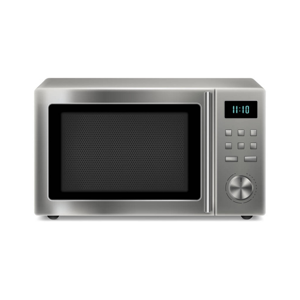 Realistic microwave Isolated on White Background. Open and closed stainless steel microwave oven. Household kitchen and household appliances. Home innovation. Vector 3D - Vettoriali, immagini