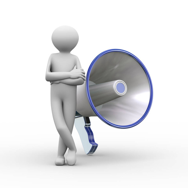 3d illustration of man standing with large megaphone. 3d human person character and white people - Zdjęcie, obraz