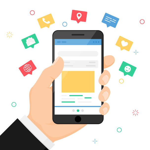 Hand holds smartphone. Icons, emoji, text messages, notifications fly out of the screen. Communication and Social networking concept, on white background. Vector flat cartoon illustration - Wektor, obraz