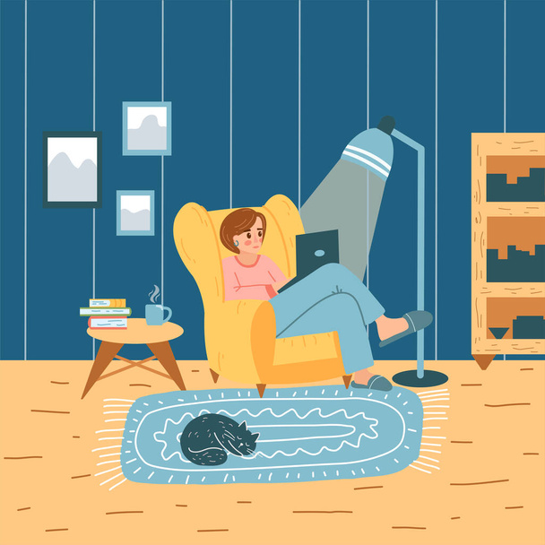 Girl in armchair works on a laptop at home in cartoon flat style. Freelance or studying concept, female character surfing the internet. Cozy home interior. - ベクター画像
