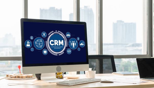 Customer relationship management system on modish computer for CRM business and enterprise - Fotoğraf, Görsel