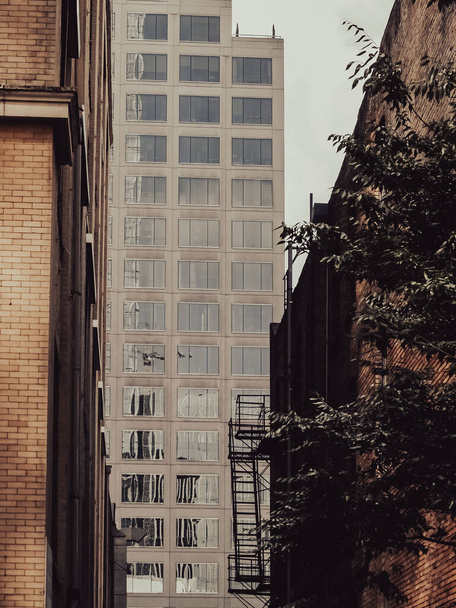 Vintage style image urban buildings at end and on sides of alleyway in Seattle city. - 写真・画像