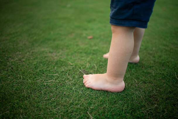 Boy feet in nature. bare feet in the green grass. little Happy child running at sunset barefoot outdoor. Concept of happy childhood - Photo, image
