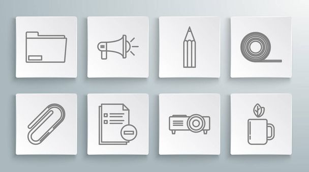 Set line Paper clip Megaphone Document with minus Presentation movie film media projector Cup of tea and leaf Pencil Scotch and folder icon. Vector. - Vektor, obrázek