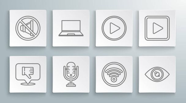 Set line Dislike in speech bubble Laptop Microphone Wi-Fi wireless internet network Eye Play circle square and Speaker mute icon. Vector. - Vector, Imagen