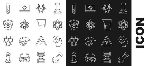 Set line Test tube and flask chemical Head electric symbol Atom Biohazard Radioactive in shield and Laboratory glassware or beaker icon. Vector. - Vector, imagen