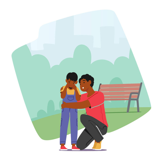 Loving Family Relations, Parenting Concept. Father Comforting Crying Child on Street. Dad Embrace Little Son to Calm Down, Parent Character Support and Hug Boy. Cartoon People Vector Illustration - Vektori, kuva