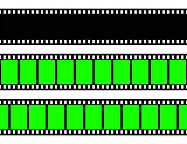 Realistic blank film strip, camera roll. Old retro cinema movie strip with green chroma key background. Analog video recording and photography. Visual effects compositing. Vector illustration. - ベクター画像
