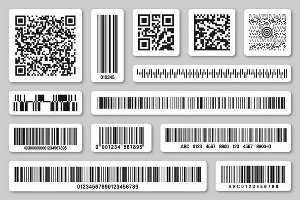 Bir dizi ürün barkodları ve QR kodları. Kimlik takip kodu. Seri numarası, dijital bilgili ürün kimliği. Süpermarket perakende satış etiketi, fiyat etiketi. Vektör illüstrasyonu - Vektör, Görsel