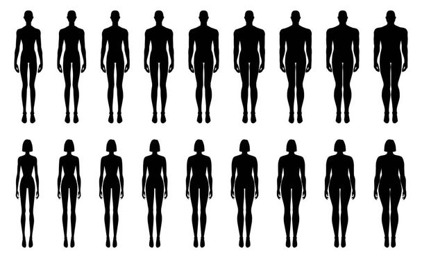 Set of Silhouette Men and Women Fashion template 9 nine head size Croquis over plus size Gentlemen Lady model body figure. Vector outline boy girl for Fashion Design, Illustration, technical drawing - Vektor, kép
