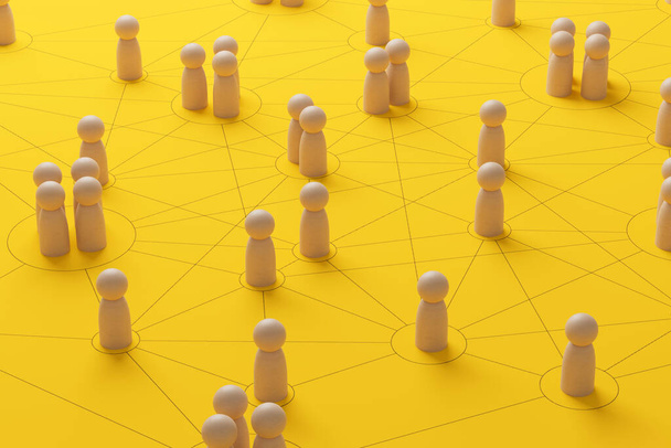 Personalmanagement und Rekrutierung. Verbindung über soziale Netzwerke. Gruppengesellschaftliche Kommunikation. Holzmenschen mit Strähne auf gelbem Hintergrund. 3D-Darstellung - Foto, Bild