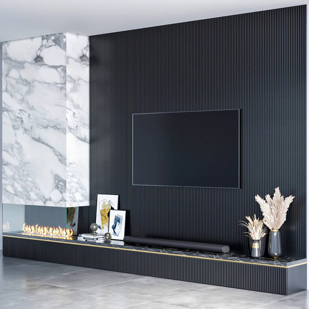 3D απόδοση μοντέρνα πολυτελή διακόσμηση τοίχων τηλεόραση εσωτερικό σχεδιασμό - Φωτογραφία, εικόνα