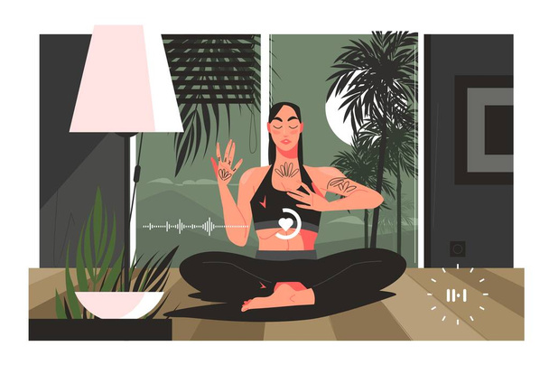 Женщина проводит дыхательные тренировки на векторной иллюстрации положения лотоса. Слушайте и следуйте голосу гида. Медитация, концепция йоги - Вектор,изображение