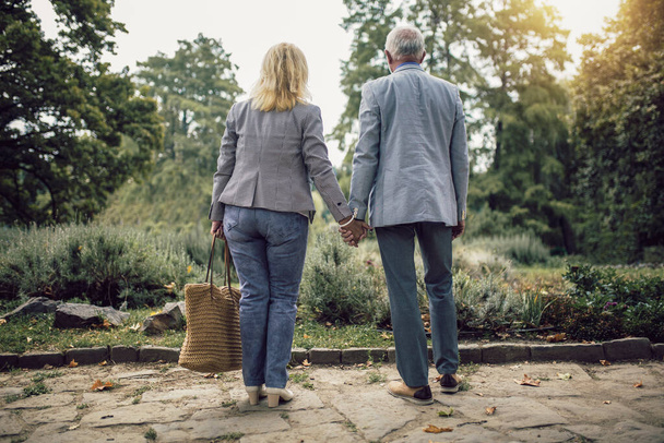 Elderly couple walking in park on sunny day - 写真・画像