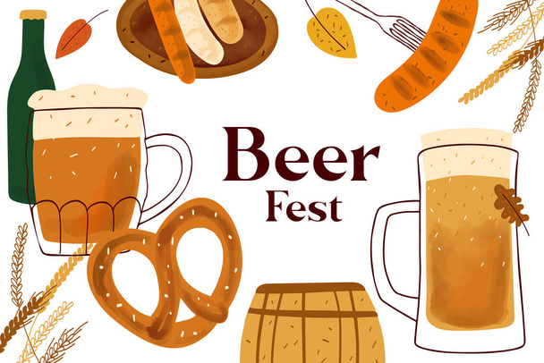 Card design with stylized illustration mugs of beer, pretzel snack and grilled sausage and text Beer festival on white background. - Vettoriali, immagini