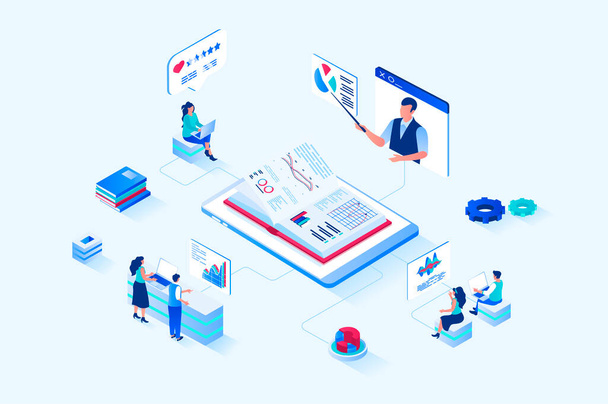 Business training 3d isometric web design. People improve their professional skills at business meetings, listen to coach, analyze company data on graphics and read textbooks. Vector web illustration - Vettoriali, immagini