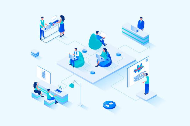 Coworking 3d isometric web design. People work on laptops in open office, discussing tasks and work together on project, communicate and collaborate, workspace of startup. Vector web illustration - Vecteur, image