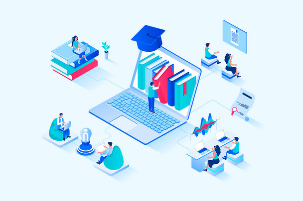Online studying 3d isometric web design. People read books and study textbooks, improve skills and knowledge, study at university or take courses, graduate online schools. Vector web illustration - Wektor, obraz