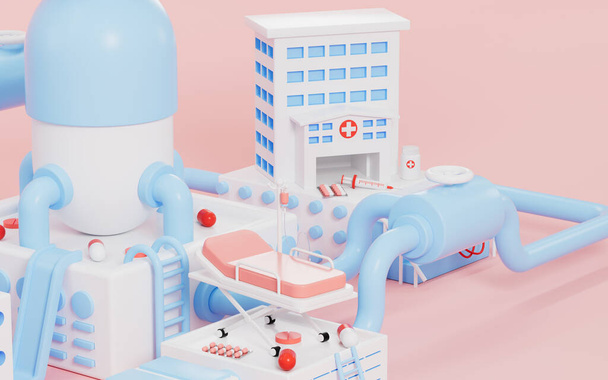 Cartoon hospital models and medical instruments, medical concept theme, 3d rendering. Computer digital drawing. - Fotó, kép