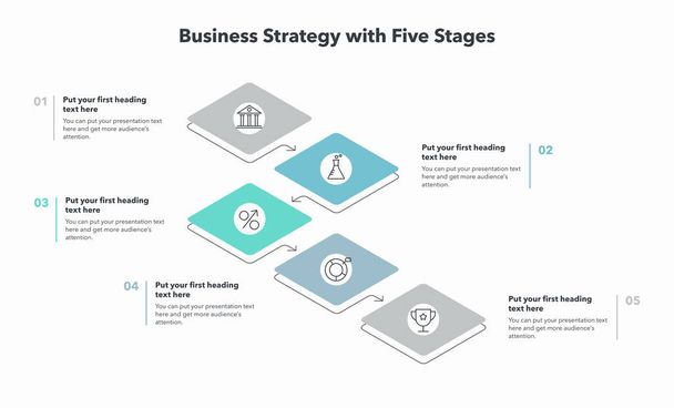 Πρότυπο επιχειρηματική στρατηγική με πέντε στάδια και τοποθετήστε για το περιεχόμενό σας. Επίπεδη σχεδίαση infographic. - Διάνυσμα, εικόνα