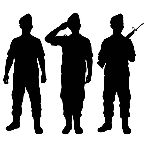Вектор силуэта стоящего солдата на белом фоне, рядовой, войска, армия. - Вектор,изображение