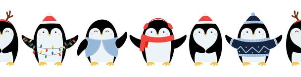 Seamless border of cute hand drawn penguins with accessories. Cartoon character for winter Christmas design - Vetor, Imagem