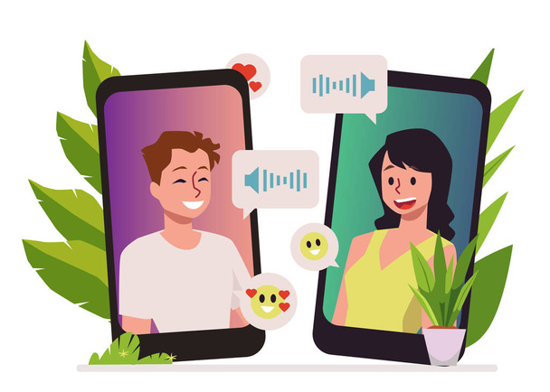 Relationship at a long distance and online date concept with man and woman communicating in mobile app, flat vector illustration isolated on white background. - Vektör, Görsel