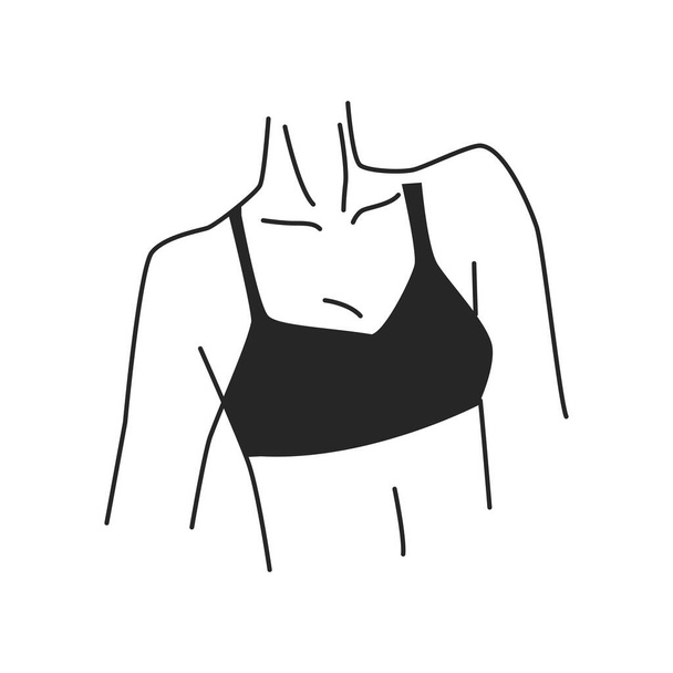 Female breasts, isolated elegant and feminine minimal body parts of young lady wearing sports bra lingerie. Slim girl aesthetics. Vector in flat style, outline linear art - Vetor, Imagem