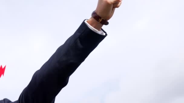 business success of successful man in hero mask on sky backdrop, agile business. - Séquence, vidéo