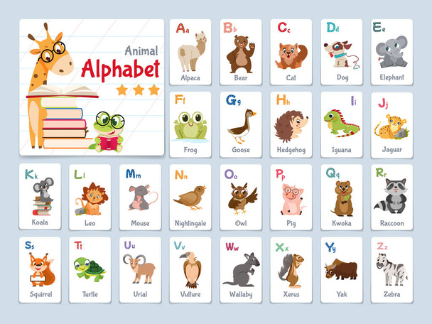 Alphabet flash cards for learning letters in kindergarten children. Kids ABC flashcard with cartoon animals. Cute characters and english words for pupils in school. Educational preschool vector set. - Vektor, obrázek