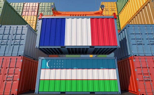 Cargo containers with Uzbekistan and France national flags. 3D Rendering - Foto, imagen