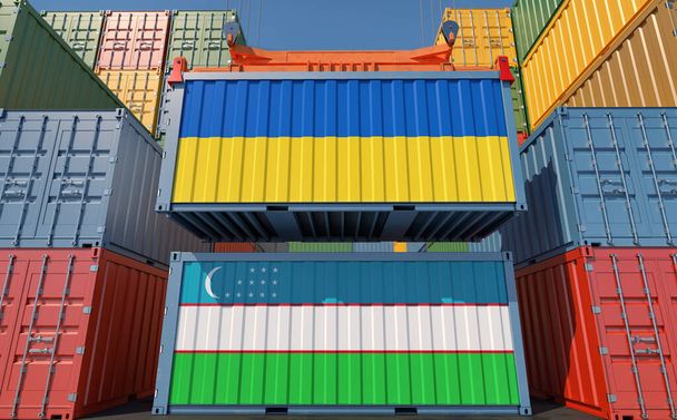 Cargo containers with Uzbekistan and Ukraine national flags. 3D Rendering - Foto, Imagen