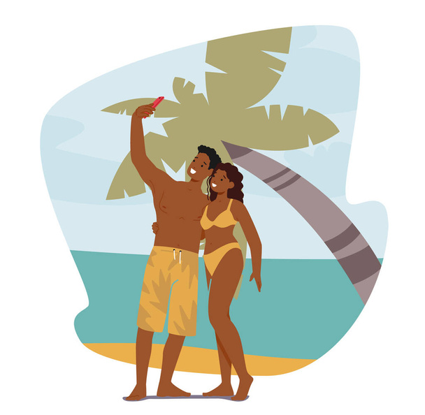 Couple Man and Woman Making Selfie on Summer Beach. Tanned Happy Male and Female Characters Photographing at Seaside with Palm Tree. People on Vacation at Tropical Resort. Cartoon Vector Illustration - Vettoriali, immagini