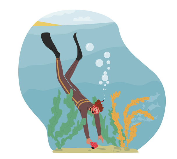 Underwater Snorkeling or Diving Recreation. Man Scuba Diver in Swimming Suit Pick Up Shell from Sea Bottom. Male Character in Flippers and Mask Oxygen Explore Ocean. Cartoon Vector Illustration - Vector, imagen