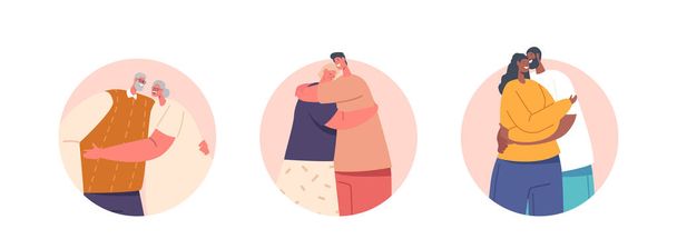 Loving Couples Hugging Isolated Round Icons, Old and Young Men or Women Holding Hands, Embracing. Happy Relationship, Strong Family, Happy Romantic Feelings and Love. Cartoon Vector Illustration - Vektori, kuva