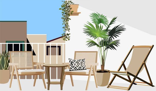 Rattan garden furniture on the balcony, terrace or roof with pots of house plants. Modern cozy eco-style home interior with greenery, tables and chairs. Colorful flat realistic vector illustration. - Vettoriali, immagini